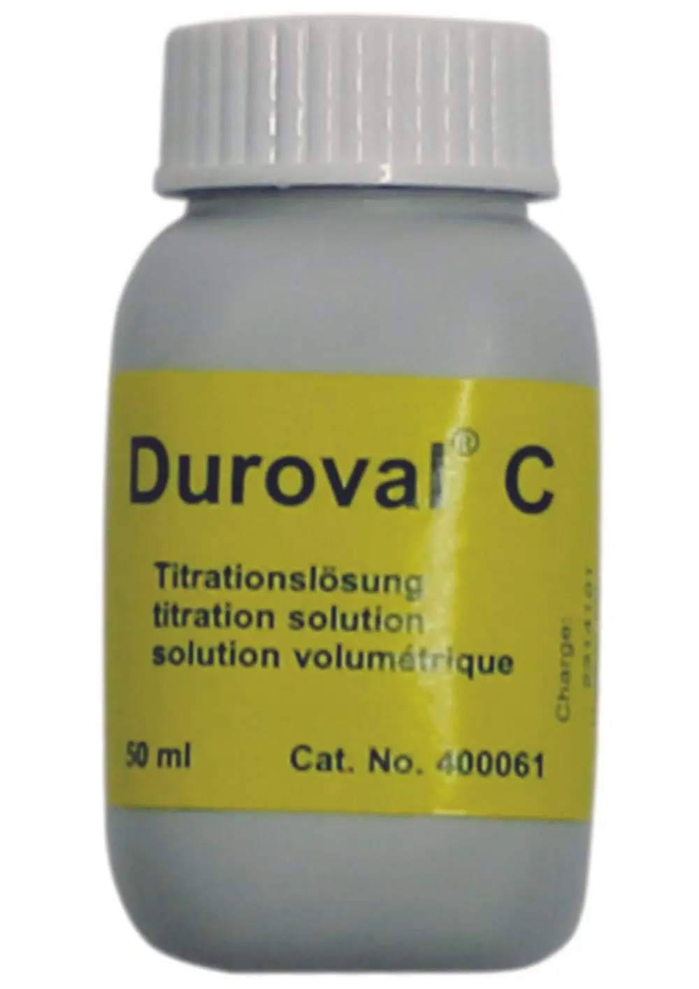 Graue Flasche mit gelbem Etikett, beschriftet mit "Duroval C" und den Worten "Titrationslösung" in mehreren Sprachen. Enthält 50 ml Lösung.